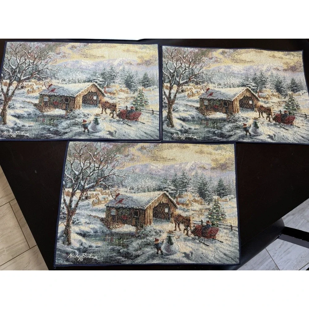 Lot of 3 Vintage Traditional Tapestries table setup Village covered bridge USA